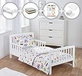 ELEGANT BABY Complete 7 Piece Kids White Toddler Bed Bundle with Kinder Flow Mattress and Circus Friends Reversible Bedding Set | Junior Bed and Children's Bed