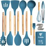 Fruitalite Silicone Kitchen Utensils Spoon Spatula Cooking Set- 13 Pcs Non-Stick with Wooden Handle- BPA Free, Heat Resistant Item, Flexible Non Toxic Silicon Cookware Tools with Holder- Dark Blue