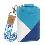 Credit Card Holder Wallet Zip Leather Card Case RFID Blocking Small Blocked Accordion Wallets with Stainless Steel Zipper Compact Accordian ID Cards Bag with Wrist Lanyard (Blue/ Dark blue/ White)