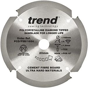 Trend PCD Fibre Cement Circular Saw Blade, 165mm Diameter, 20mm Bore, 4 Teeth, 1.8mm Kerf, +12° Hook, PCD/FSB/1654