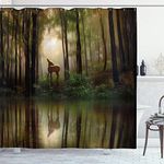 ABAKUHAUS Nature Shower Curtain, Baby Deer in the Forest Reflection on Lake Foggy Woodland Graphic, Cloth Fabric Bathroom Decor Set with Hooks, 94 Inches, Fern Green Cocoa Brown