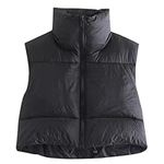 Hixiaohe Women's Winter Crop Vest Puffer Lightweight Stand Collar Padded Vest Zip Up Sleeveless Jacket, Black, Large