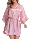 Vlazom Women's Kimono Robes Dressing Gown Satin Bathrobe Nightdress Pure Colour Short Style with Oblique V-Neck, Dusky Rose, S(UK 6)