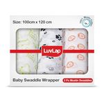 LuvLap 100% Cotton Muslin Baby Swaddle Set, Pack of 3, Size-120cm x 100cm (47"x39"), Animals Printed on White, 0-18 Month+, Printed Mulmul Muslin Swaddle Wrap for New Born Baby, Baby Towel