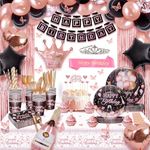 Party Spot! 210 Pcs Birthday Party Decorations for Woman Girl, Rose Gold Party Decorations, Happy Birthday Decorations - Balloon Stand Kit, Banner, Tassel Curtain,Crown,Tableware Kit For 12 Guests