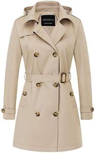 CREATMO US Women's Trench Coat Double-Breasted Classic Lapel Overcoat Belted Slim Outerwear Coat with Detachable Hood, Khaki, Small