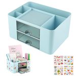 OFFCUP Desk Organiser with Drawer, Plastic Table Organiser, Office Desk Supplies Organizer Desktop Stationary Organiser Storage Pen Holder with 7 Grids for School Office Home (Blue)