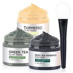 Clay Mask, Face Masks Skincare, Turmeric Clay Face Mask, Dead Sea Mud Mask, Green Tea Face Mask, Facial Mask Set for Deeply Cleansing, Reducing Pores, Acne, Dark Spots, and Oil Control - 3x70g