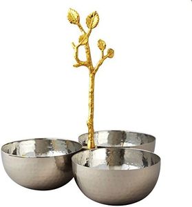 Elegance Golden Vine Hammered Triple Bowl, 8.25", Silver/Gold