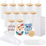 12 Pack Sublimation Glass Blanks with Bamboo Lid, 16OZ Frosted Sublimation Beer Can Glass with Glass Straws Box Mason Jar Cups Mug Travel Tumbler for Beer, Juice, Soda, Iced Coffee, Drinks