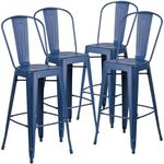 Flash Furniture Commercial Grade 4 Pack 30" High Distressed Metal Indoor-Outdoor Barstool with Back, Antique Blue, Set of 4