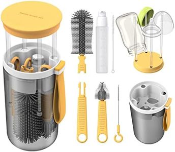 Baby Essential Travel Bottle Cleaner Kit with Silicone Bottle Brush，Built-in Snap-on Drying Rack，Silicone Nipple-Shaped Brush，2 Straw Brushes，Bottle Soap Dispenser，Bottle Warmer Bowl.（Yellow）