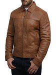 BRANDSLOCK Mens Leather Biker Jacket Black Harrington New with Tags 100% Real Leather Bomber (L, TAN)