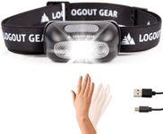 Logout Gear LED Camping Headlamp USB Rechargeable Headlight 30 Hours Long Runtime, Motion Sensor, Adjustable Headband for Adult, Kids Size, Great for Outdoor Adventure (Black)