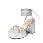 Dream Pairs Women's Lace Up Platform Heels Rhinestone High Strappy Chunky Sandal Y2K Shoe for Club Party Date Prom, Silver, 7