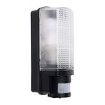 Modern Outdoor Heavy Duty Black Plastic IP44 Rated 110 Degree Movement Sensor Bulkhead Security Wall Light - Equipped With PIR Motion Detector - Complete With a 10w LED GLS Bulb [6500K Cool White]