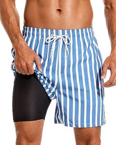 SILKWORLD Quick Dry Mens Swimsuit Trunks with Compression Liner High-end Striped Swim Shorts 5 inch Bathing Suits with Zipper Pockets, Blue&White Vertical Stripes, 3X-Large
