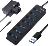 USB 3.0 Splitter, 7-Port USB 3.0 Hub with Individual Power Switches and Lights, Portable Expansion Data Hub with 5V/2A Power Adapter for Windows 10, 8.1, 8, 7, Vista, XP, Linux, Mac OS X