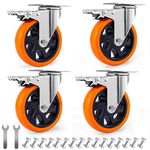 D&L 5 Inch Swivel Casters Wheels 1500lbs Heavy Duty Castors with Brake Polyurethane Dual Locking Casters Set of 4 Orange DL-I5-001