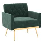 KOMFOTT Velvet Accent Chair, Modern Tufted Armchair with Golden Metal Legs & Adjustable Foot Pads, Upholstered Sofa Chair, Comfy Reading Chair, Living Room Chair for Bedroom, Dark Green