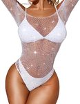 RSLOVE Women Lingerie Fishnet Bodysuit Sparkle Rhinestone Sexy Mesh Teddy Lingerie (Onesize, White)