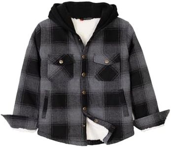 Kids Boys Girls Shacket Sherpa Fleece Lined Flannel Jacket Plaid Shirt with Hood Insulated Winter Coat Grey L 10-12