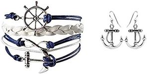 Nautical Anchor Charm Earrings & Bracelet for Women, Navy Rudder Anchor Braided Weave Leather Rope Infinity Love Bracelet