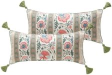 ISAENNE Design Lumbar Retro Elegance Linen Throw Pillow Covers 12"x28" Pack of 2, Green Pink Floral Pattern Cushion Covers Rectangle Decor Pillowcases for Bed,Living Room,Outdoor,Car