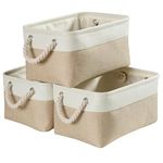 Mangata Canvas Storage Box set of 3, Foldable Fabric Storage Baskets with Handles for Cupboards, Wardrobe, Shelves, Clothes, Toys, Towel, Bathroom(Small, Khaki White)