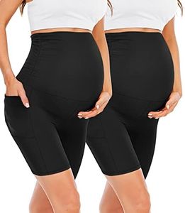 Happy.angel 2 Pack Maternity Shorts Over Belly, Black High Waisted 8" Pregnancy Workout Biker Shorts with Pockets