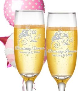 Custom Engraved Quinceanera or Sweet 16 Champagne Flutes - Butterfly Design - Set of 2 - Personalized with Name and Date (Quince)