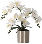 LESING Artificial Orchid Flower with Vase, White Orchid Bonsai Faux Orchid Phalaenopsis Plant Pot Arrangements for Home Decoration (White,Silver Vase)