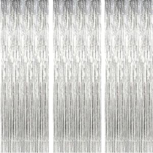 AILEXI 3 Pack Rideaux Métalliques Clinquant Feuille Frange Miroitement Rideau Porte Fenêtre Décoration Pour Anniversaire Fournitures De Fête De Mariage 3ft*8ft (92 * 245cm) - Argent