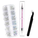 Sularpek 1500 Pcs Rhinestones, 6 Sizes Flat Back Gems, AB Clea Crystal Nail Art Rhinestones, with Pick Up Tweezers and Rhinestone Picker Dotting Pen, Nail Art Tools for Crafts Nail and Face