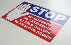 No Cold Callers - No Religious Groups - No Salesmen - Gloss UV Laminated Sign - Supplied in Board Backed Cello Bag