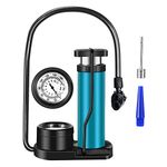 Bike Foot Pump with Gauge, Universal Presta & Schrader Valve Foot Activated Aluminum Alloy Barrel Portable Mini Bike Tire Air Pump Bicycle Floor Pump with Pressure Gauge & Free Gas Ball Needle (Blue)