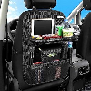 AUCD Back Seat Car Organizer with Tablet Holder and 4 USB Charging Port, Car Organizer for Kids Baby Toddlers Toy Bottles Storage Foldable Dining Table Family Road Trip Travel Accessories (Black)