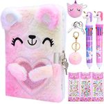 FRIUSATE Diary with Lock for Girls‘s Secret Fluffy Notebook and Pen Stationary Sets for Girls Teenager Kids with Coin Purse Keychain Stickers Ballpoint Pen Kids Writing Pink Stationary Sets