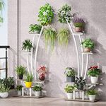 Tribesigns 6-Tier Tall Indoor Plant Stand Pack of 2, Metal Curved Display Shelf with 2 Hanging Hooks, Multi-Purpose Bonsai Plant Rack for Indoor, Garden, Balcony, Living Room, White & Gray