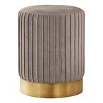 Monarch Specialties I 9018 Cylindrical Pouf with Pleated Sides, Padded Seat and Metal Base - Small Upholstered Ottoman, 18"H, Light Brown Velvet/Gold