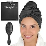 THE PERFECT HAIRCARE Ultra-Fine Microfiber Hair Towel Wrap & Wet/Dry Detangling Hair Brush Anti-Frizz Turban for Curly or Wavy Haired Women Girls & Kids - Quick Drying - Good for Travel (Black)