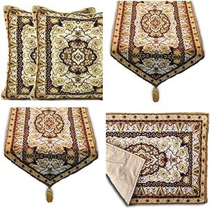 DaDa Bedding Royal Persian Style Rug Dining Table Tapestry Bundle - Set of 8 Pieces Ornate Floral Elegant Golden Opulence Linen Kitchen Decor - 4 Placemats, 2 Table Runners, 2 Throw Pillow Covers