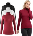 Femdouce Womens Turtleneck Long Sleeve Shirt Lightweight Slim Pullover Basic Undershirts Active Turtle Neck T-Shirts 3 Pack Black/White/Wine red S