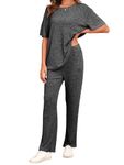 Famulily Wide Leg Loungewear Sets for Women Short Sleeve Summer, Ladies Tracksuit Ribbed Clothes Set Oversized 2 Piece Outfits Leisure Suits (M, Dark Grey)