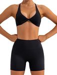 ABOCIW Workout Sets for Women 2 Piece Twist Front Halter Sports Bras High Waist Booty Shorts Exercise Gym Yoga Outfit, W-black, Medium