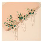 3PCS Bridal Hair Pin, Emerald Green Rhinestone Wedding Hair Accessories Gold Leaf Hair Pins U Shape Wedding Hair Clips Headpiece Hair Pieces for Brides Women Styling Wedding