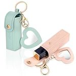 Ouligay 2 Pieces Leather Lipstick Cases Portable Lipstick Keychain Holder Chapstick Holder Chapstick Keychain Holder for Women Party,Holiday Gifts(Green,Pink)