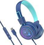 MEE audio KidJamz KJ55 Safe Listening USB-C Headphones for Children with Multicolor LED Lights, Volume Limiter, & Microphone; On-Ear Wired Kids Headset for iPhone 15, iPad, & USB Type C Devices (Blue)