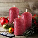 Eywamage Red Flameless Pillar Candles with Remote, Christmas LED Candles Battery Powered Flickering Real Wax Set of 3