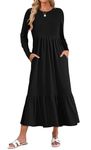 WNEEDU Womens Fall Dresses Long Sleeve Maxi Dress Crewneck Casual Flowy Tiered Swing Dress with Pockets, Black XL